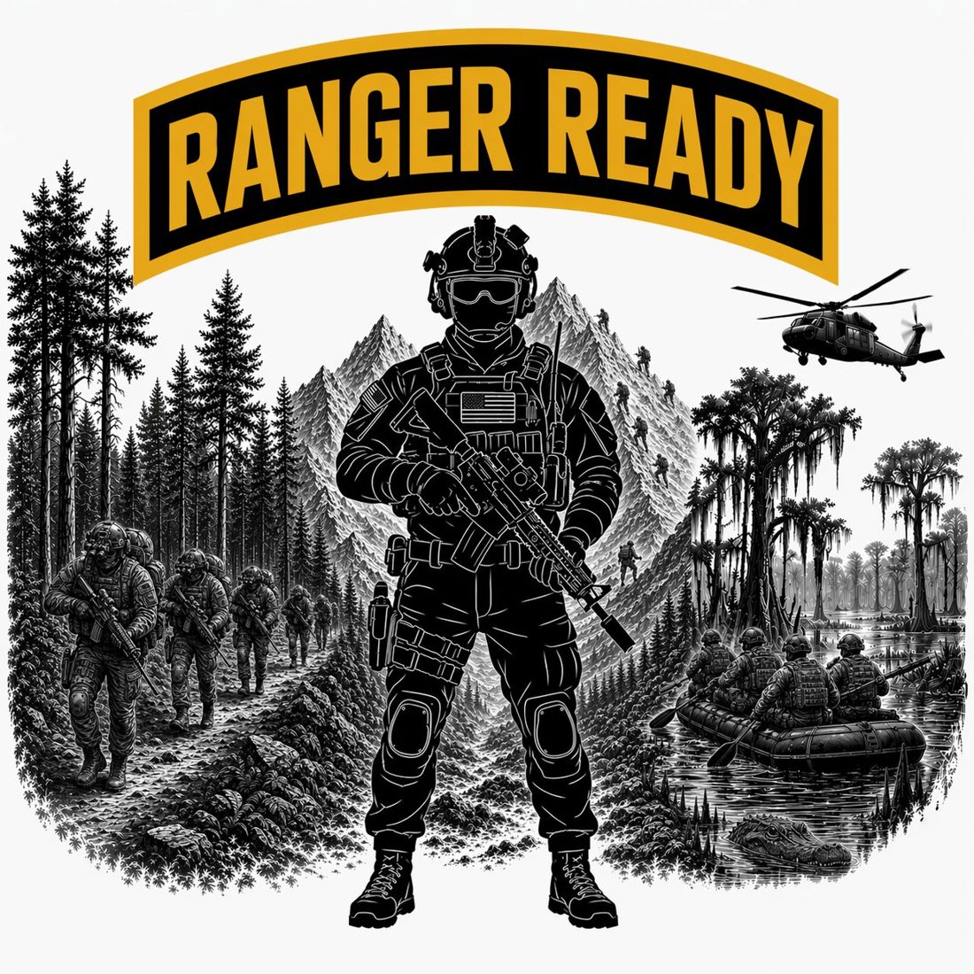 Ranger Ready emblem: a soldier in full kit beneath a gold Ranger tab, with forest, mountain and swamp terrain behind