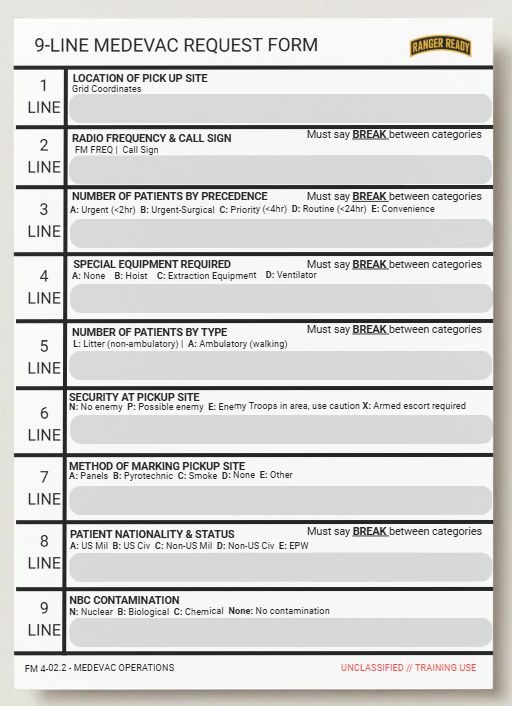 9-Line MEDEVAC Request Form, blank fillable version with lines 1 through 9