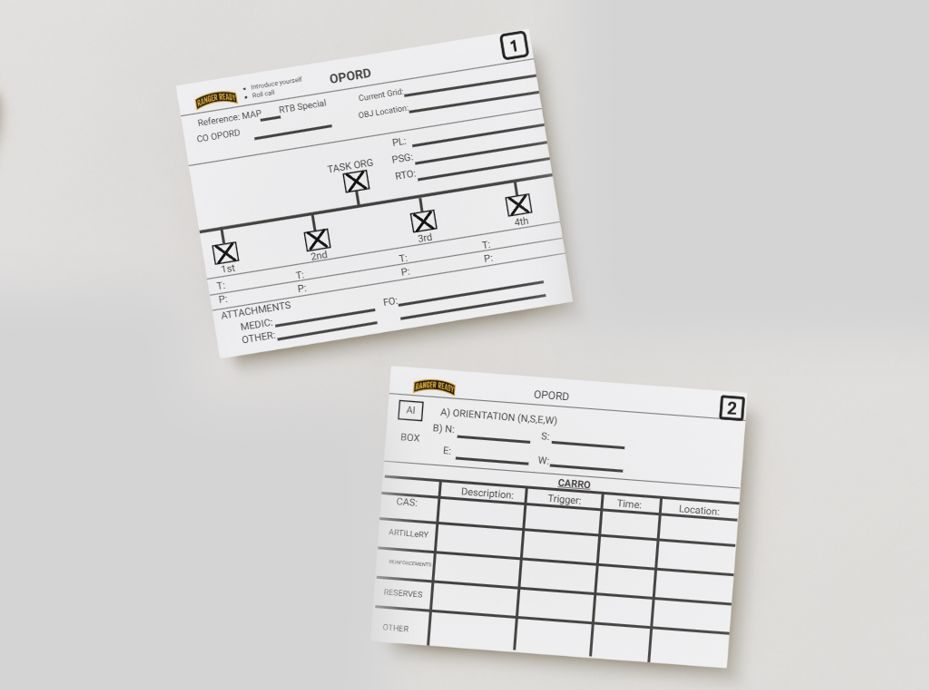 OPORD Deck cards: card 1 with task organization tree, card 2 with orientation and CARRO grid