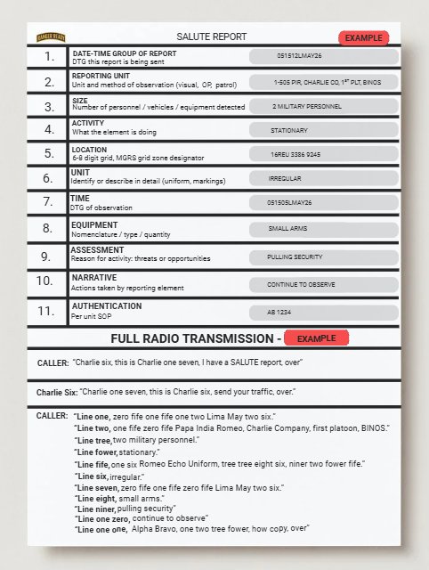 SALUTE Report card, filled example with full radio transmission script