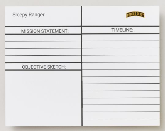 Sleepy Ranger card, back: mission statement, timeline and objective sketch