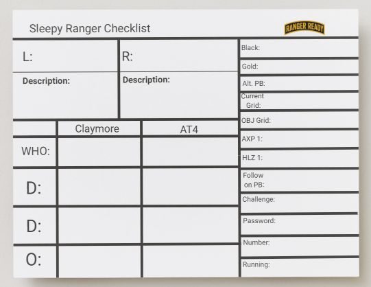 Sleepy Ranger Checklist card, front: left/right limits, claymore and AT4 tracking, challenge and password fields