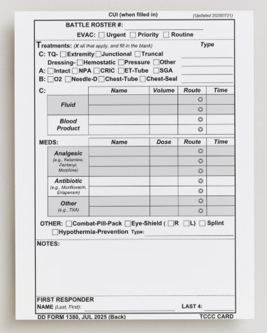 TCCC Card back: treatments, fluids, medications and first responder fields