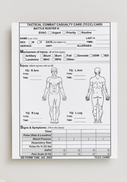 TCCC Card front: battle roster, evacuation priority, mechanism of injury, injury diagram with tourniquet tracking and vital signs